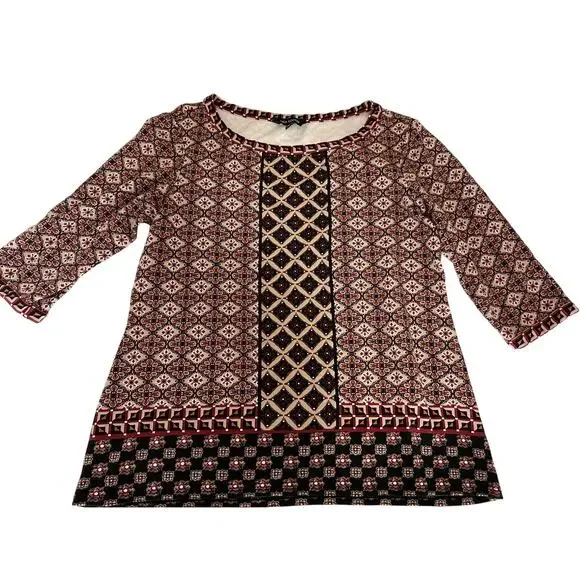 Women M Max Edition Floral Geometrical Symmetrical knit/cotton top blouse marron - Picture 1 of 8